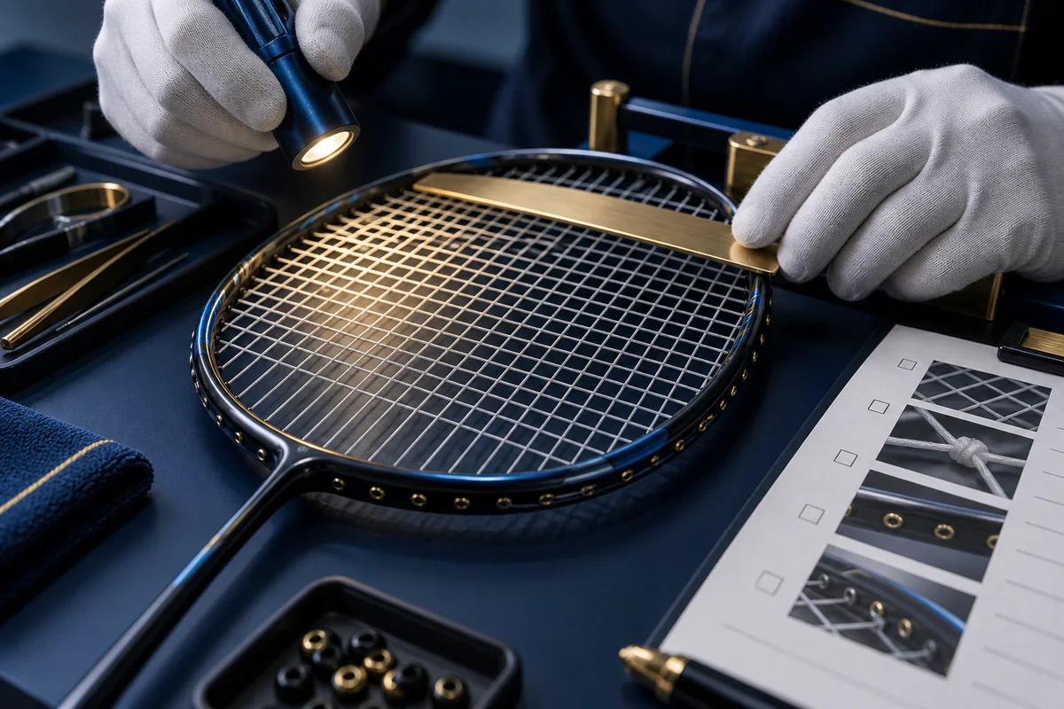 Close inspection of a completed practice racket and quality checklist