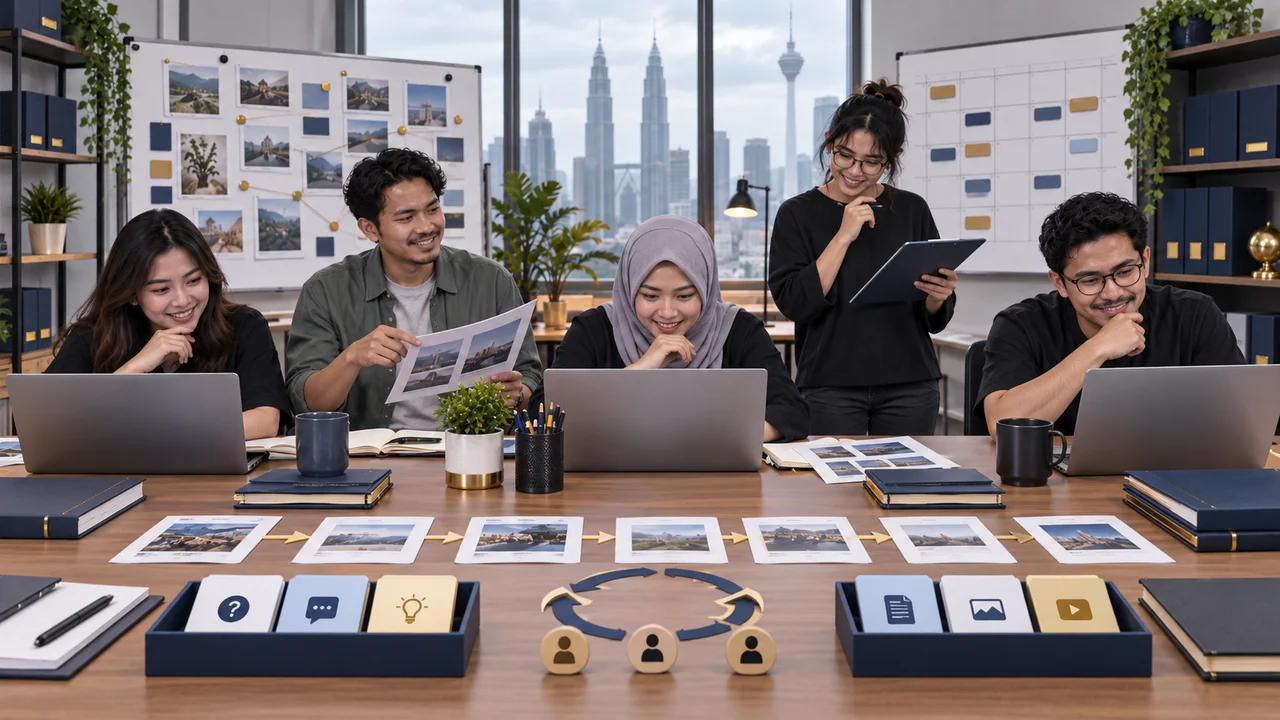 Selepas: pasukan rekaan sama dengan soalan tersusun, sumber diluluskan, ringkasan berbatas, kalendar terurus, penyemak, hubungan dan penyelenggaraan