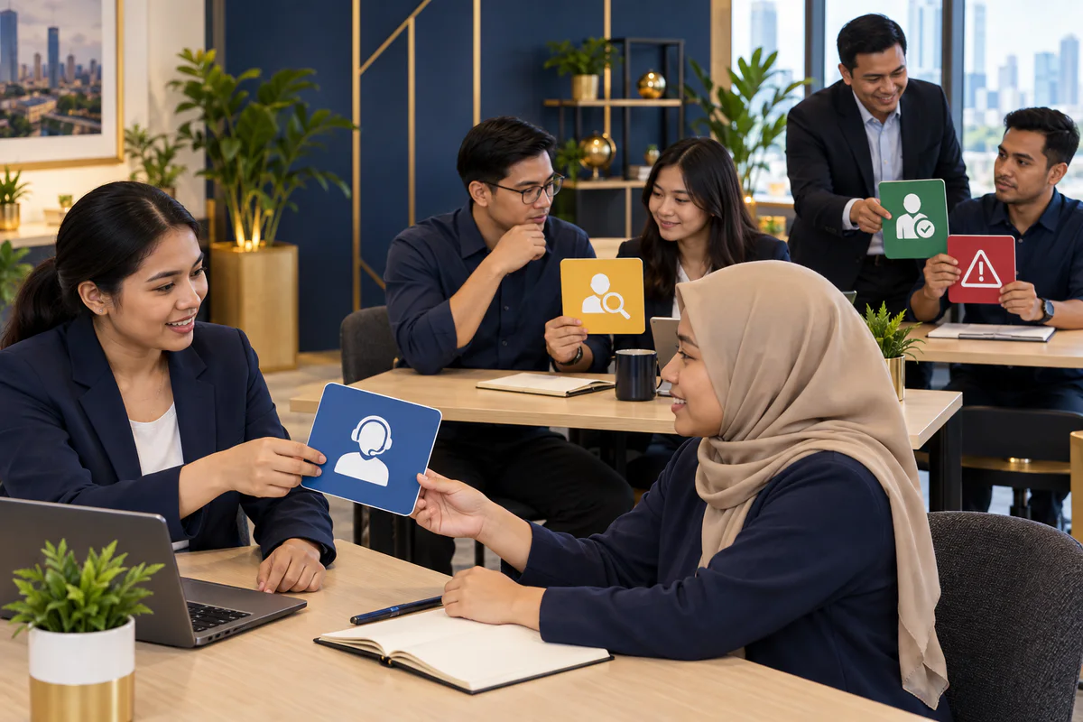 Pelajar Asia Tenggara pelbagai berlatih peranan khidmat pelanggan dengan kad visual dan komputer riba
