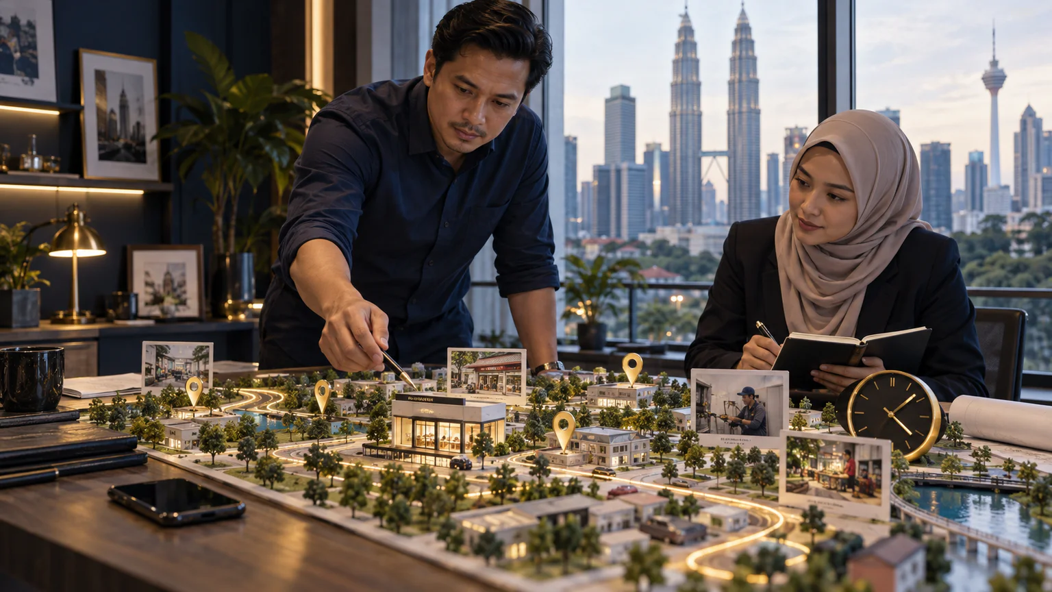 Malaysian local-service owner and consultant checking a real neighbourhood, service boundary, business facts, availability and enquiry routes
