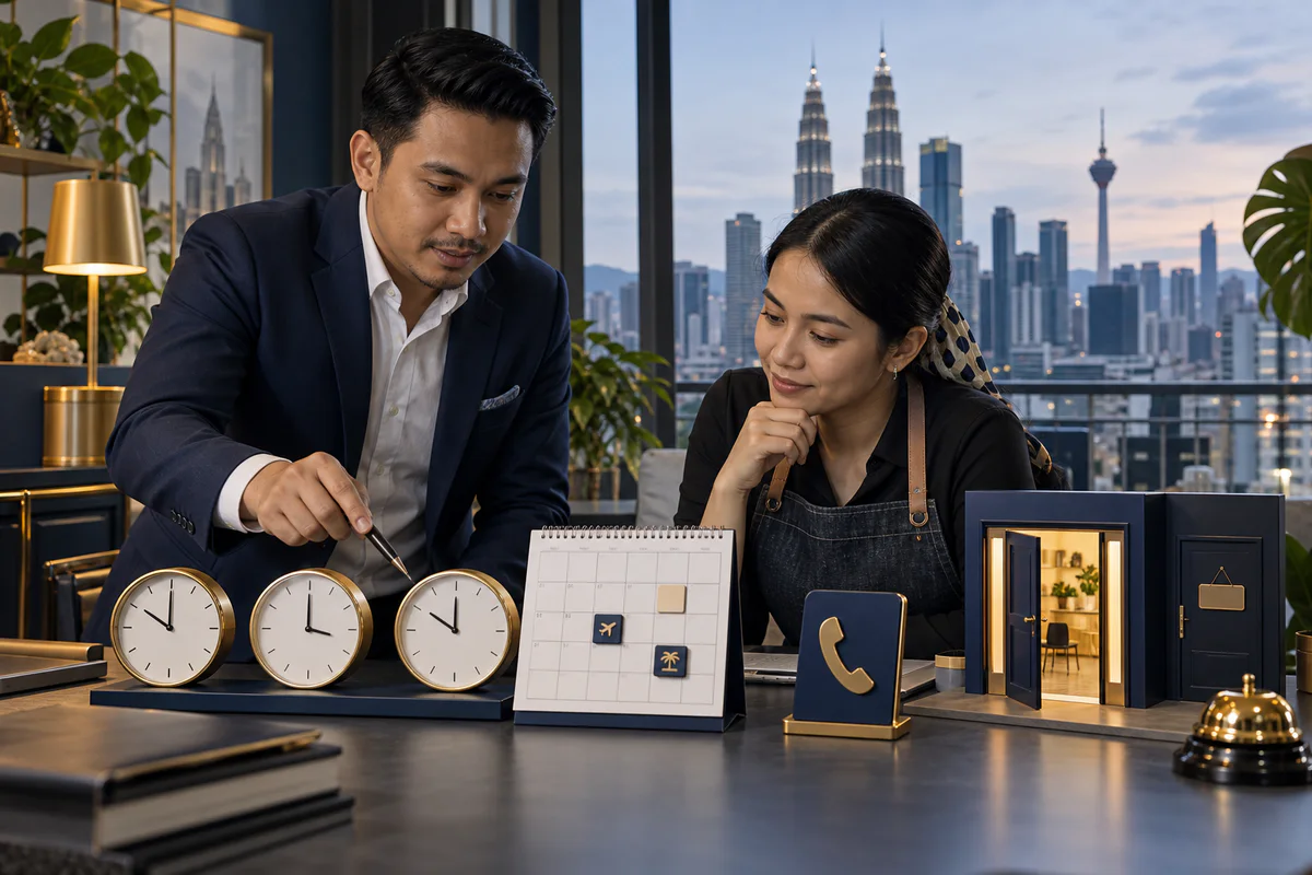Owner and consultant comparing clocks calendar phone and open doorway model