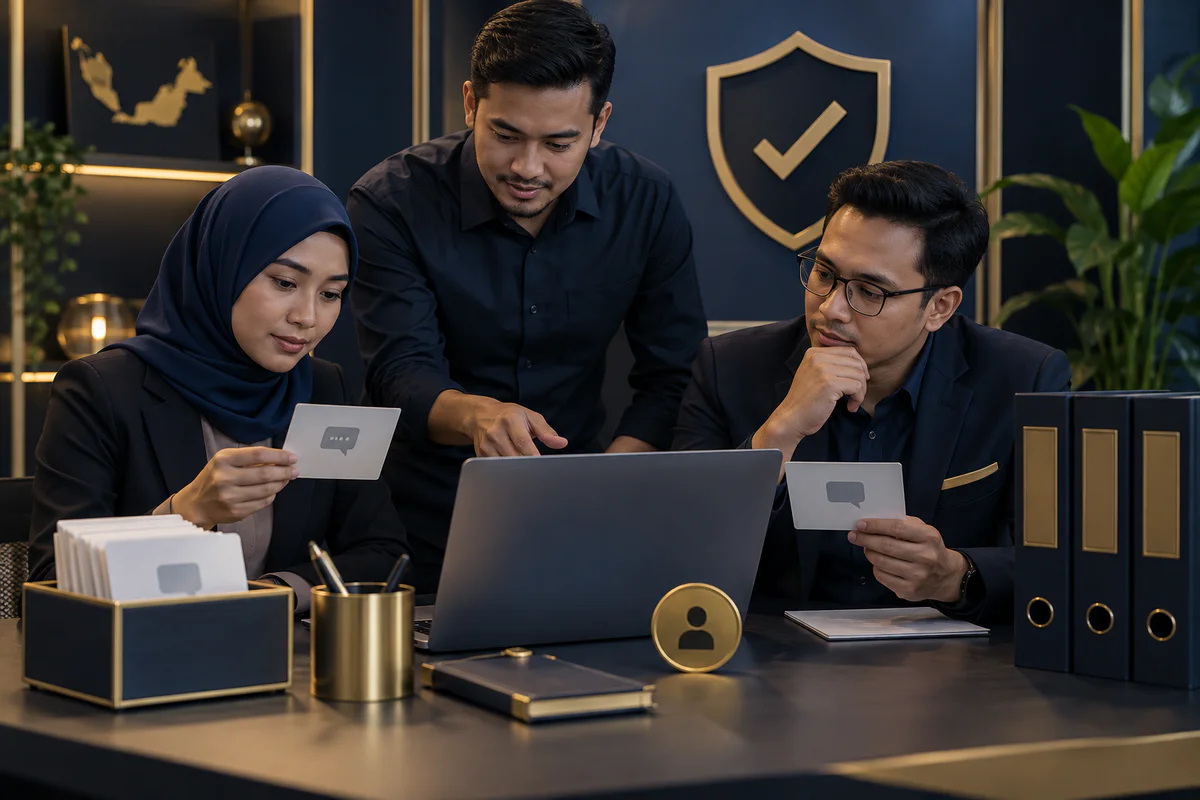 Southeast Asian team reviewing anonymous feedback cards with verification and owner symbols