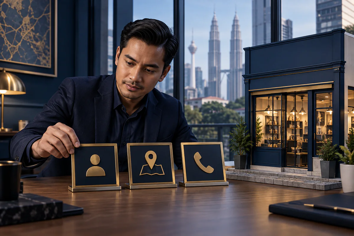 Consultant aligning identity location and phone plaques beside a shopfront model
