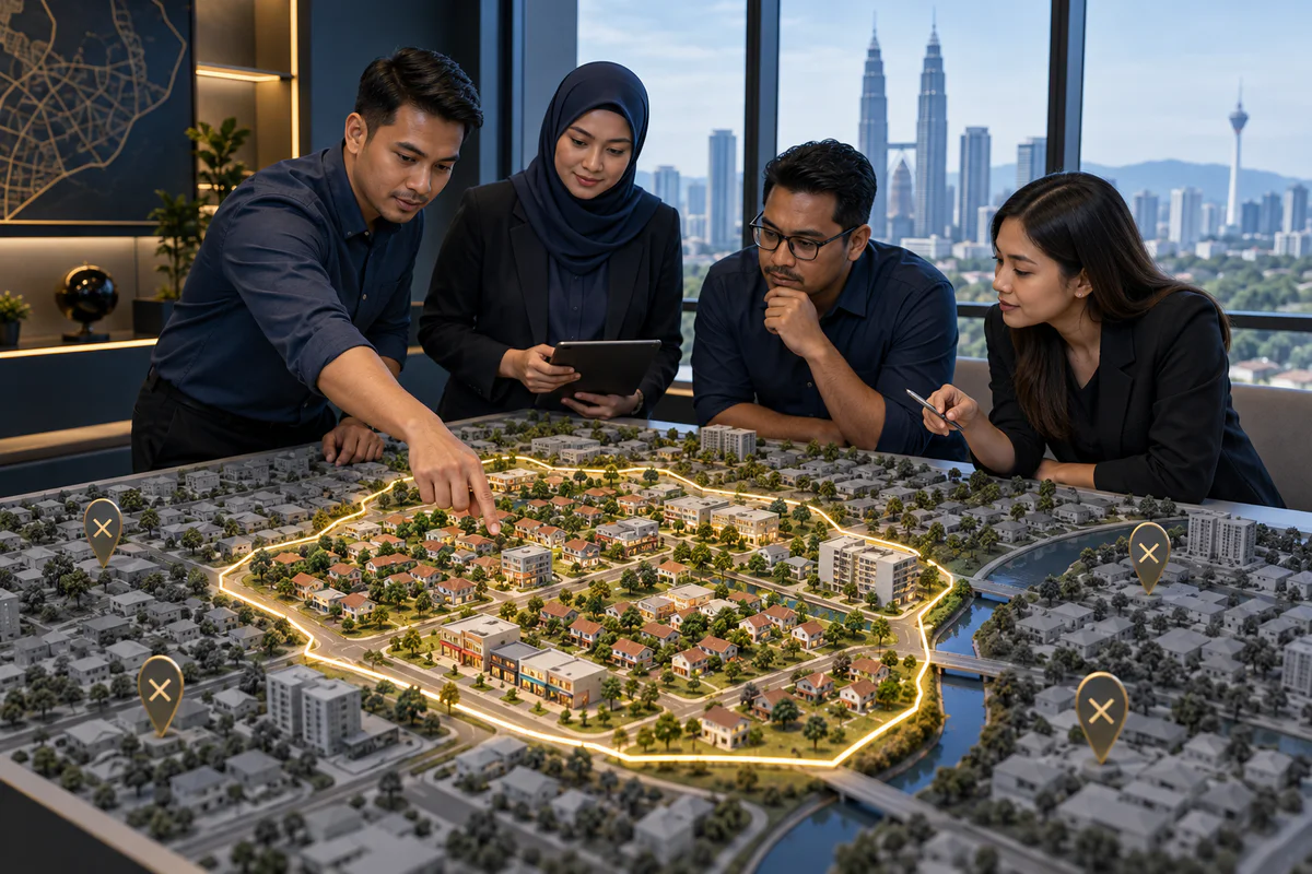 Malaysian team tracing one eligible gold boundary on a detailed neighbourhood model