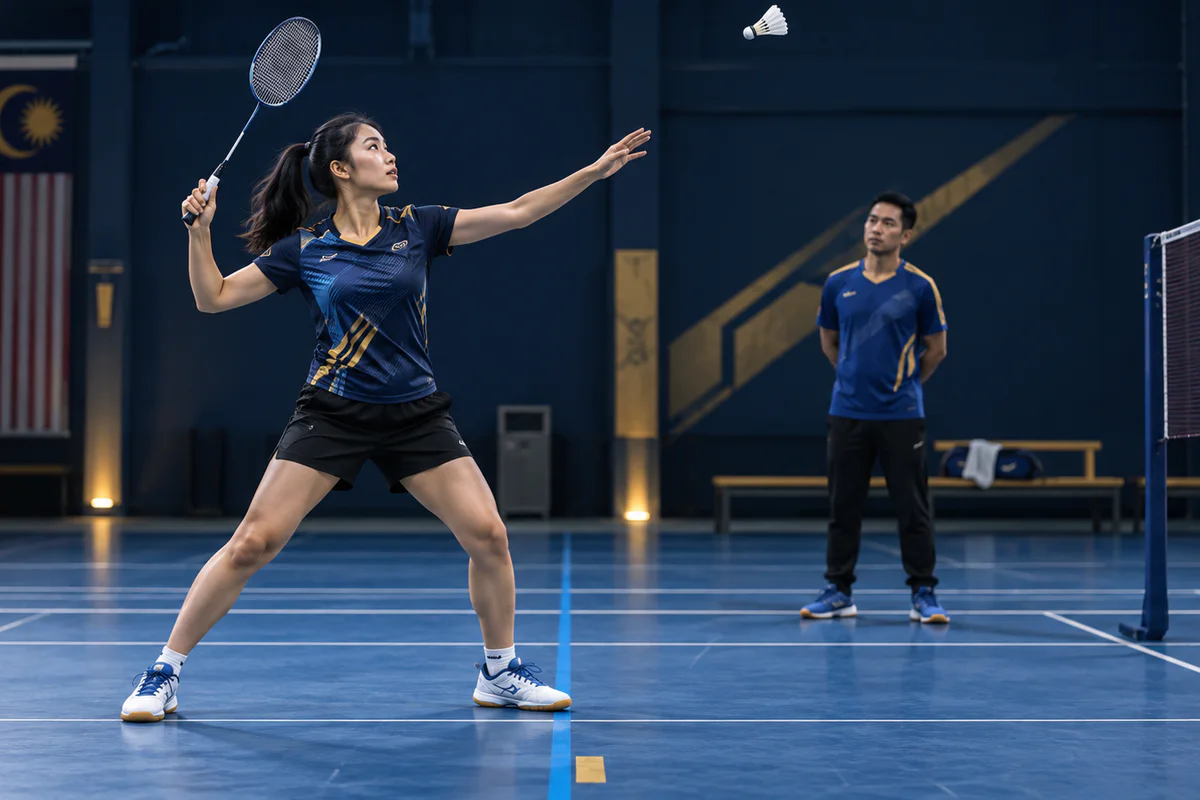 Fictional woman player preparing for controlled overhead feed while coach observes