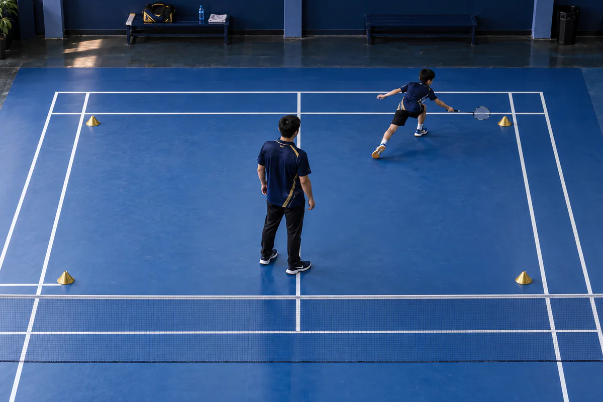 Overhead fictional child player movement observation on a blue badminton court