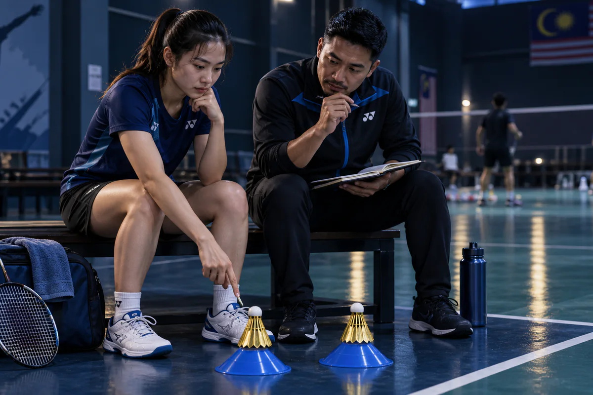 Fictional player and coach choosing two next-practice priorities courtside