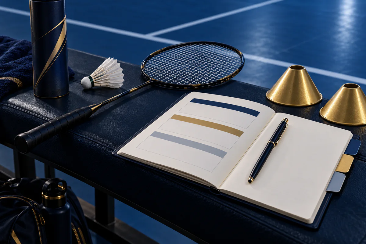 Badminton racket markers and abstract assessment notebook on navy bench
