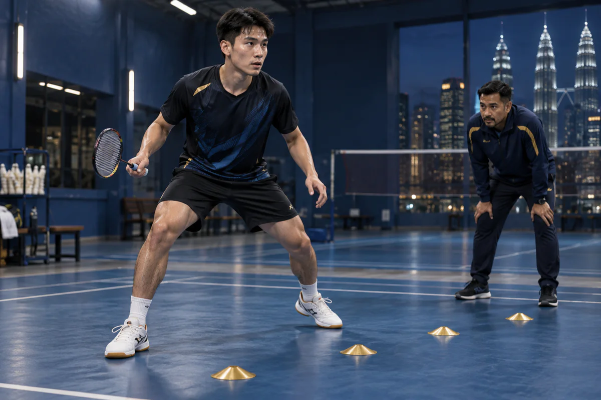 Fictional adult badminton player in ready base with coach observing gold court markers