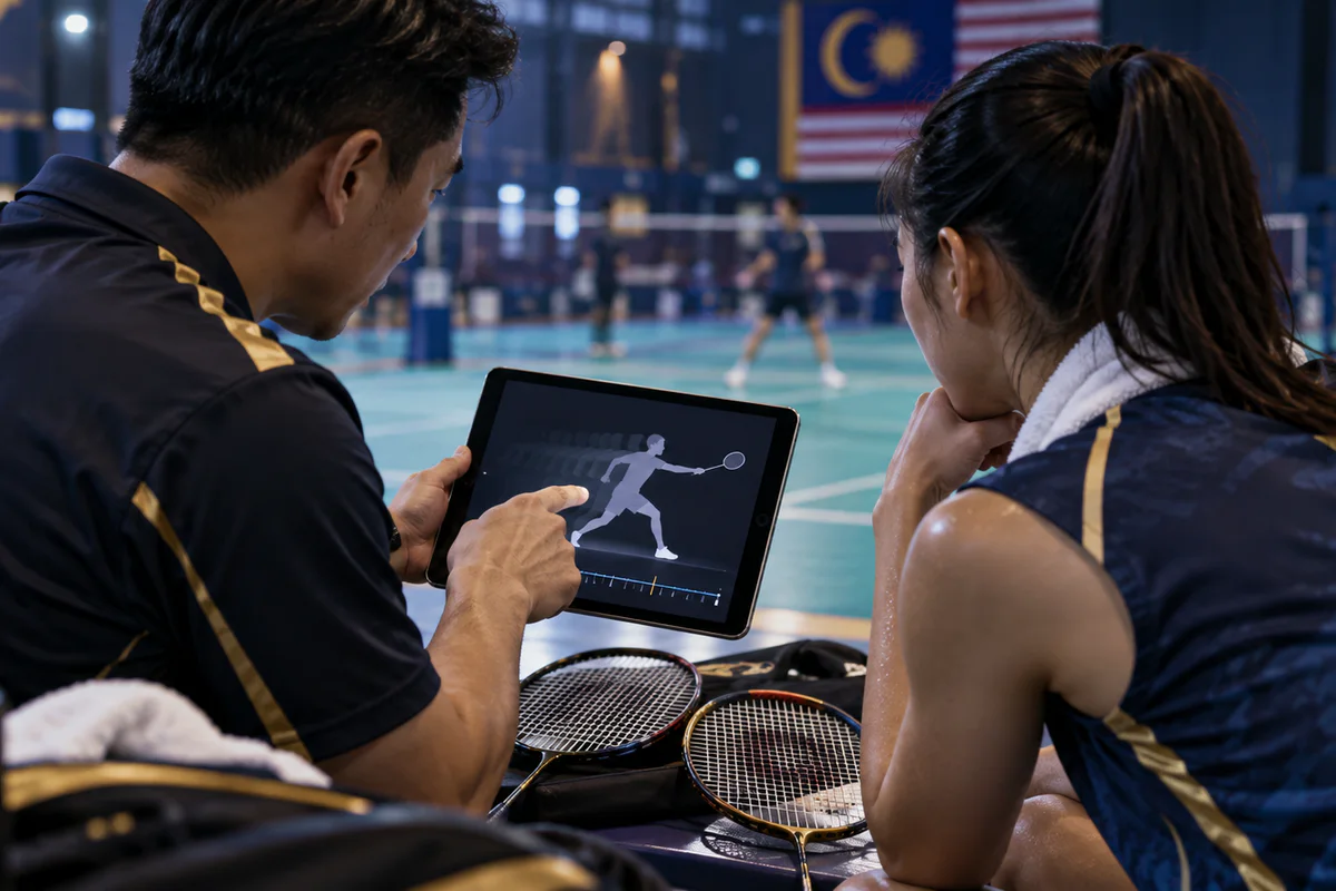 Fictional coach and adult player reviewing an abstract movement frame on tablet