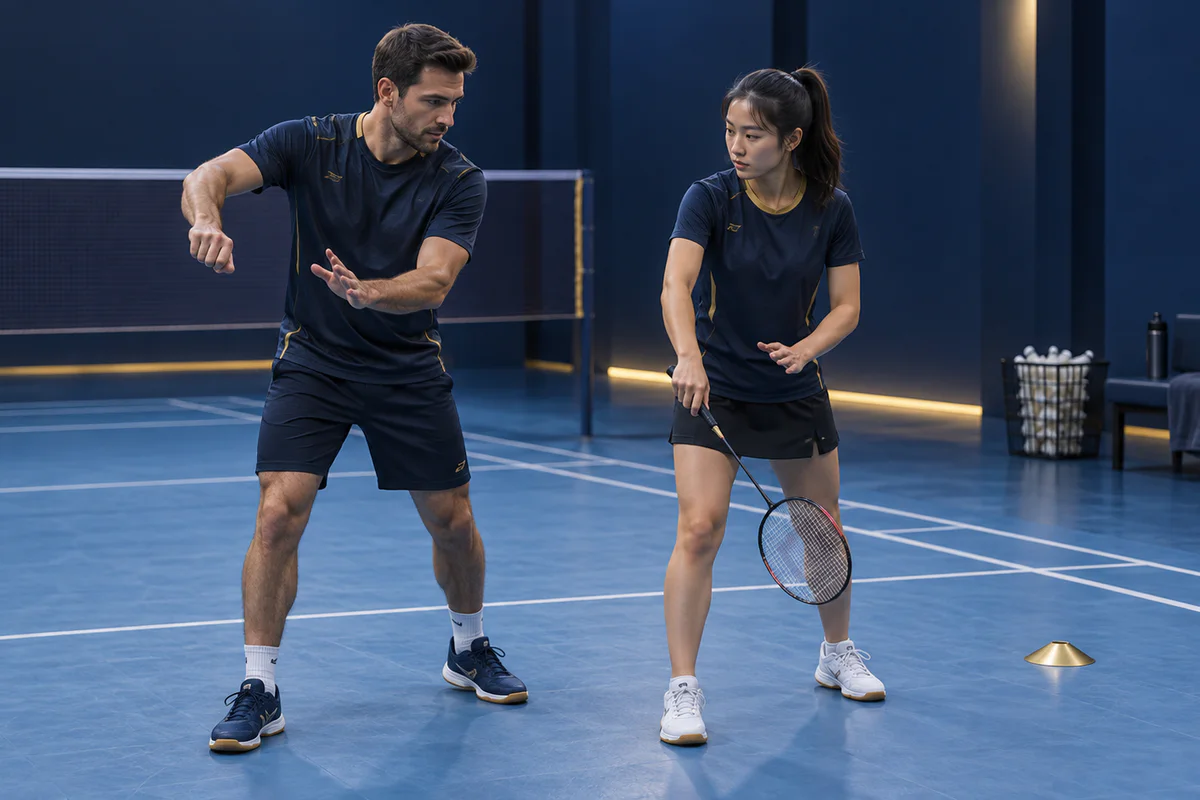 Fictional coach and player mirroring compact racket preparation