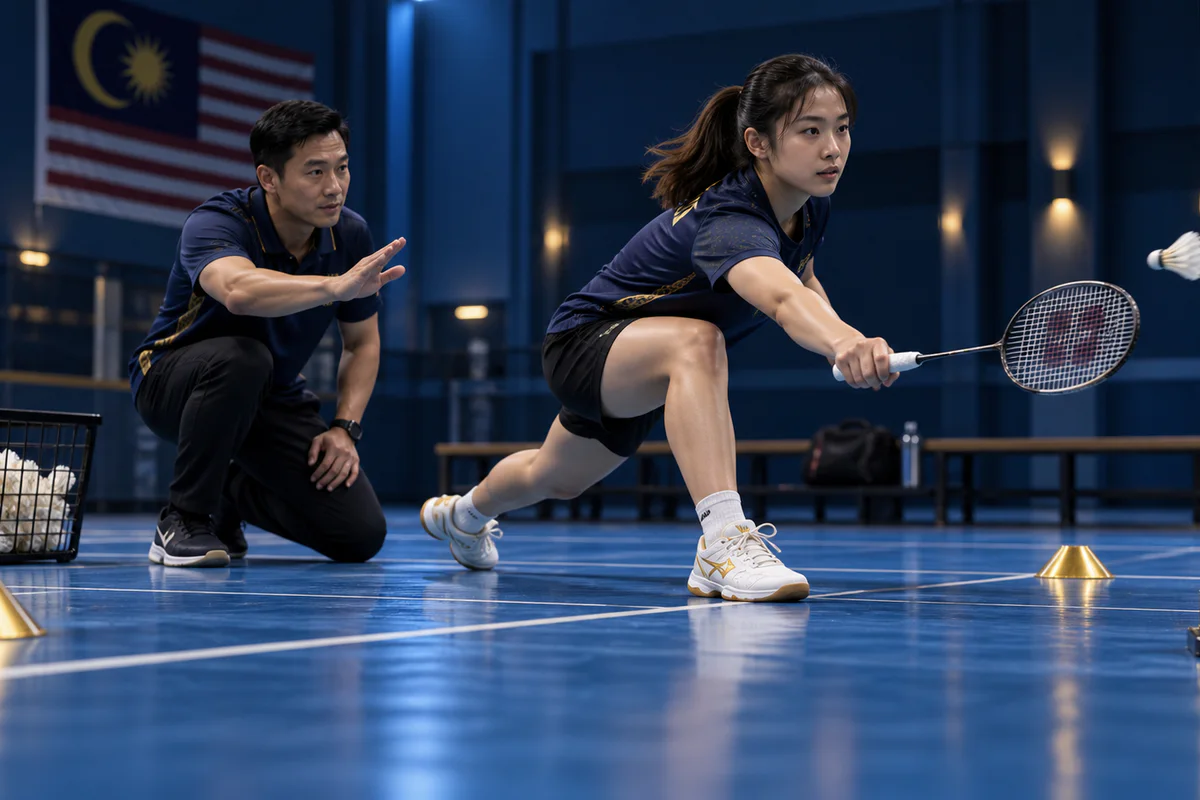 Fictional player practising a net lunge as coach gives one cue