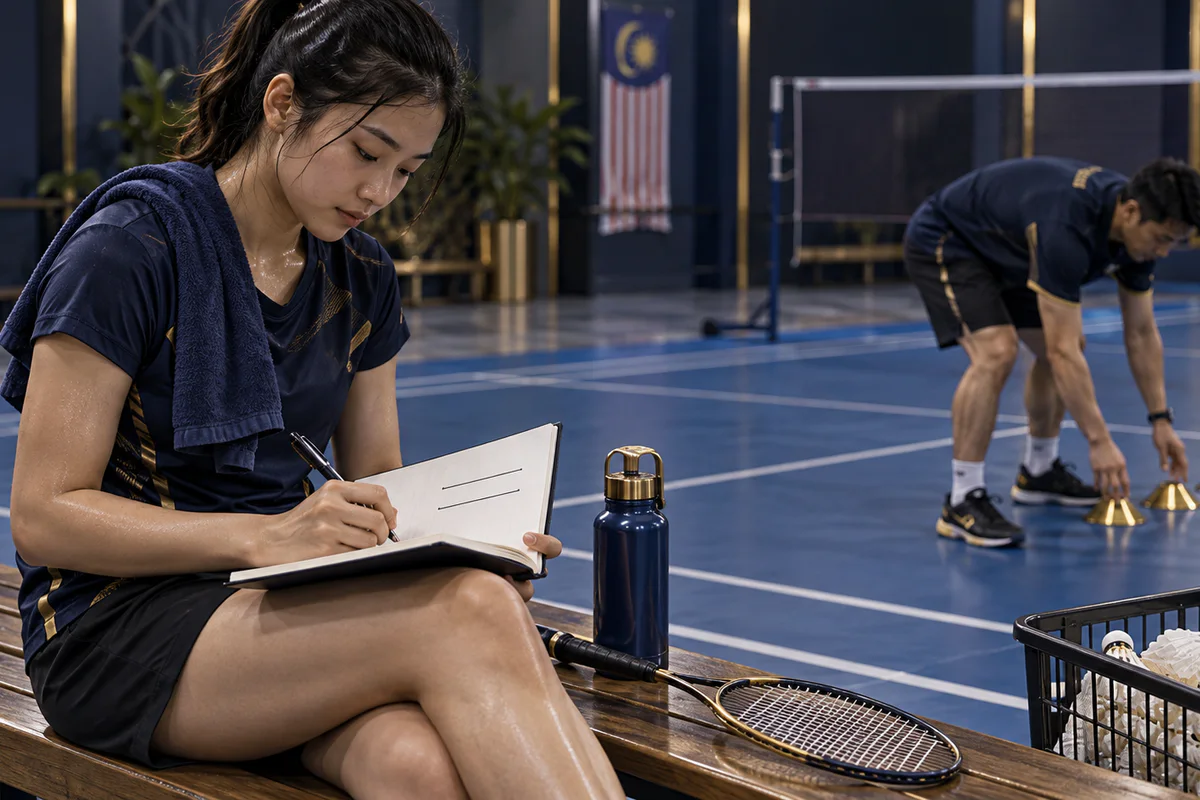 Fictional player writing two abstract practice cues while coach resets markers