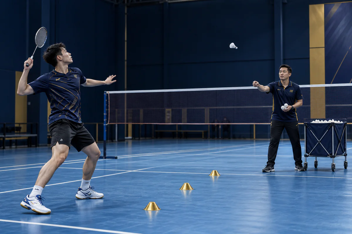 Fictional player preparing for controlled rear-court shuttle feed