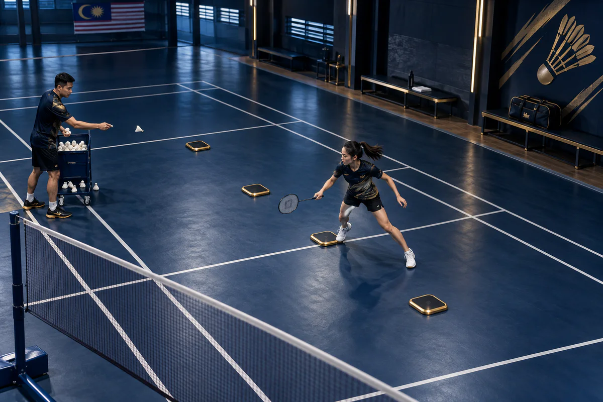 High-angle fictional one-to-one diagonal footwork lane with gold markers