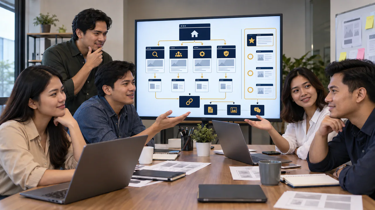After: same fictional team reviewing a clear navy and gold search-ready page hierarchy and connected content map