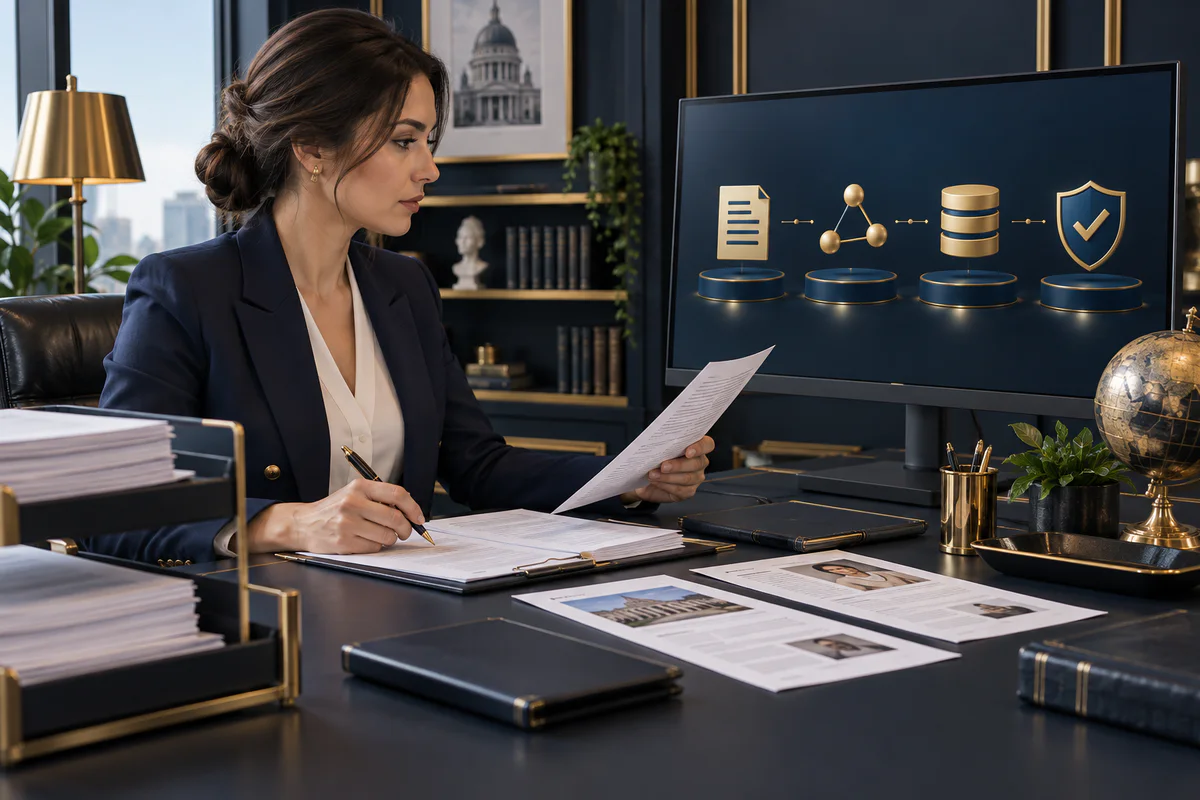 Consultant reviewing papers beside a text-free evidence sequence on screen