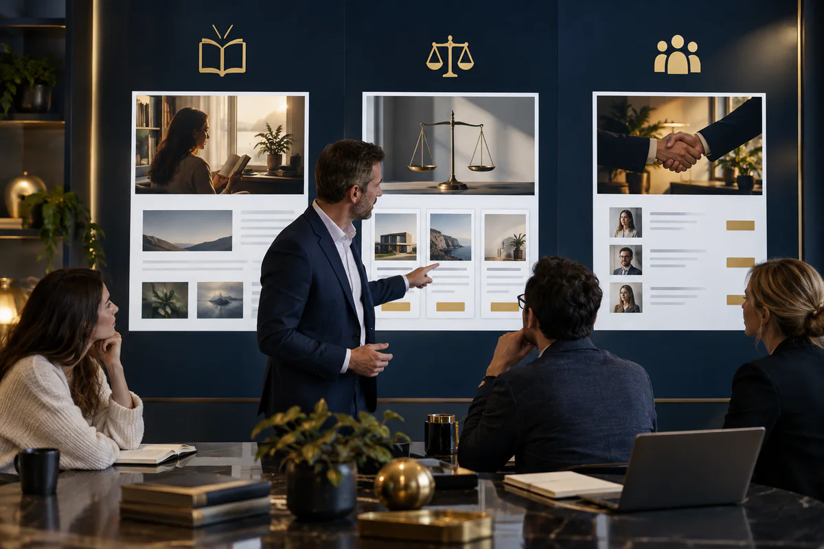 Consultant comparing three visual search-intent boards in a navy and gold studio