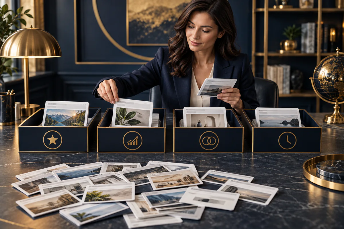 Strategist sorting website page cards into four priority trays