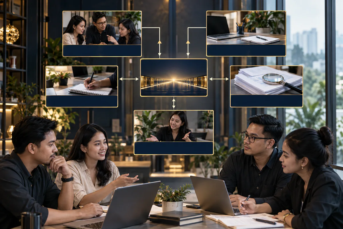 Southeast Asian team reviewing a central content relationship map without text