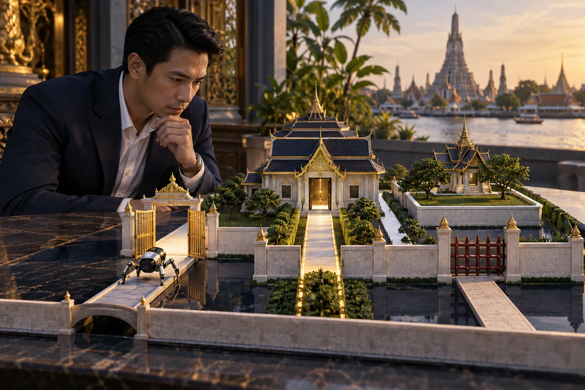 Consultant studying a premium architectural access model with a small crawler device