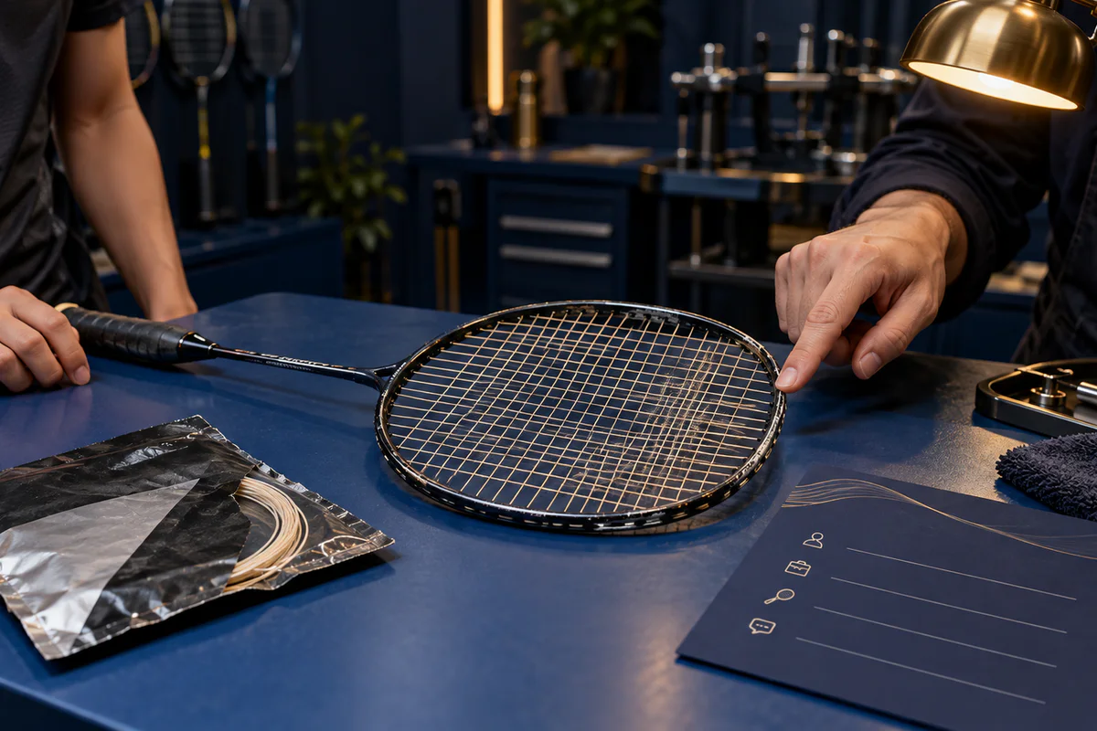 Player and specialist recording a badminton racket's current string and tension