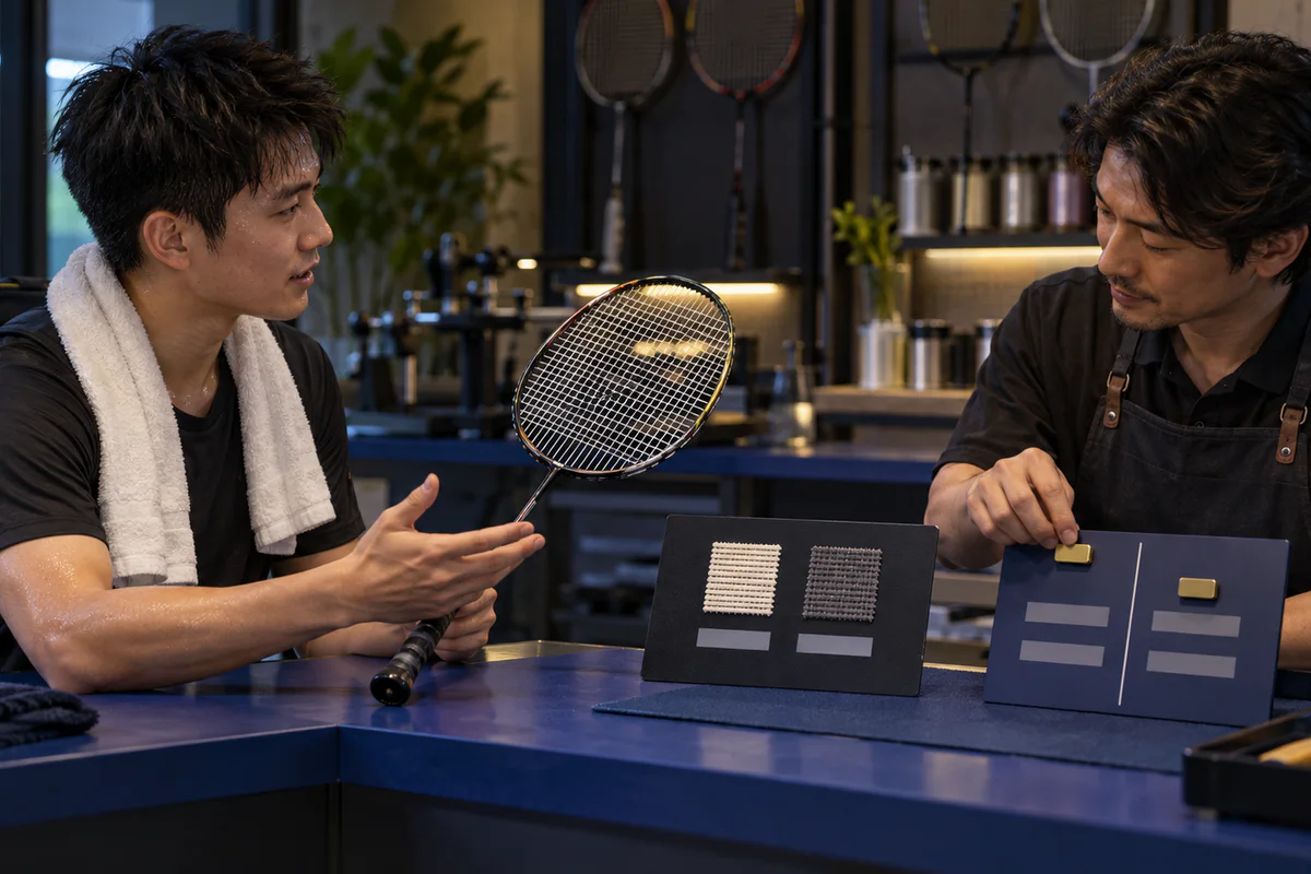Player and specialist reviewing recorded setup notes after badminton play