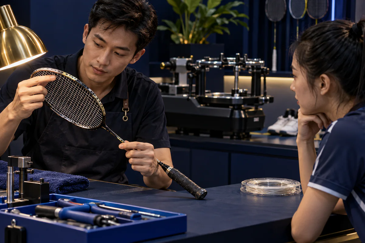 Specialist inspecting badminton racket frame and grommets before discussing tension