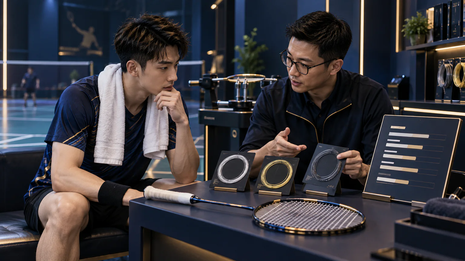 Badminton player and stringing specialist comparing racket, string construction, tension and feel at a premium navy and gold consultation bench