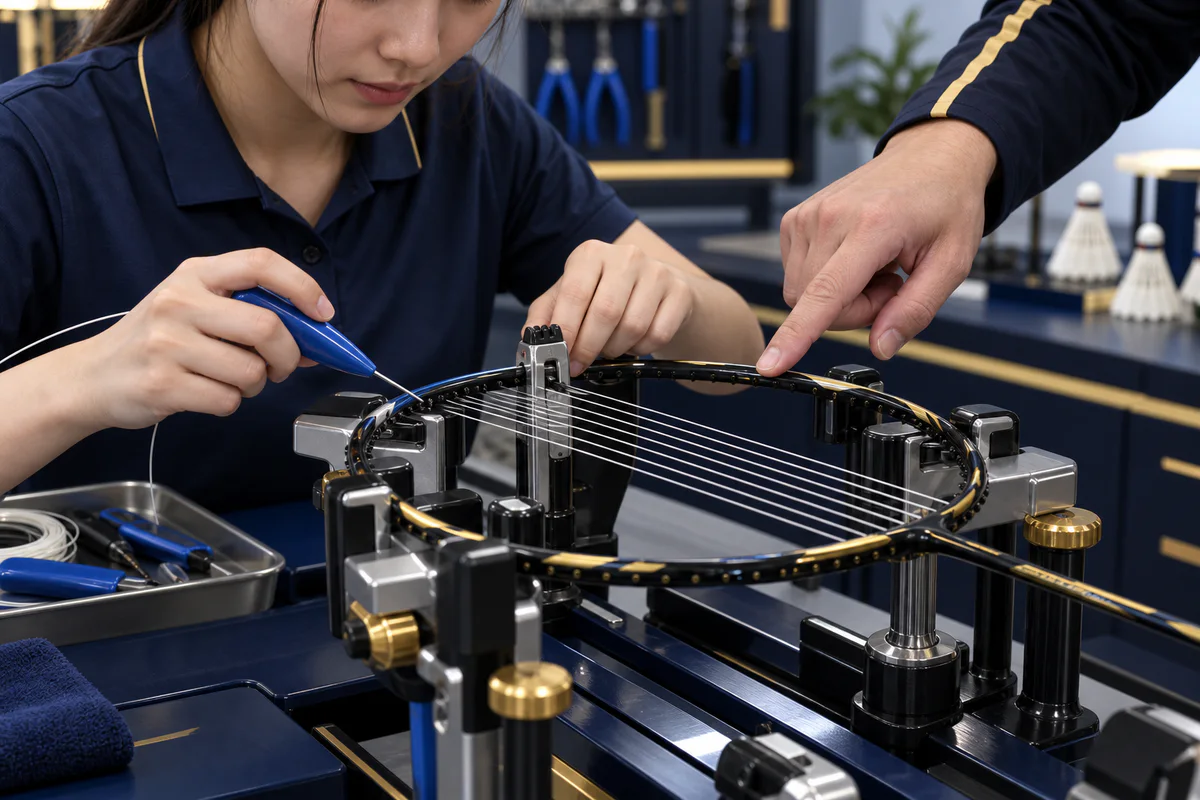 Fictional learner weaving first cross strings under trainer supervision