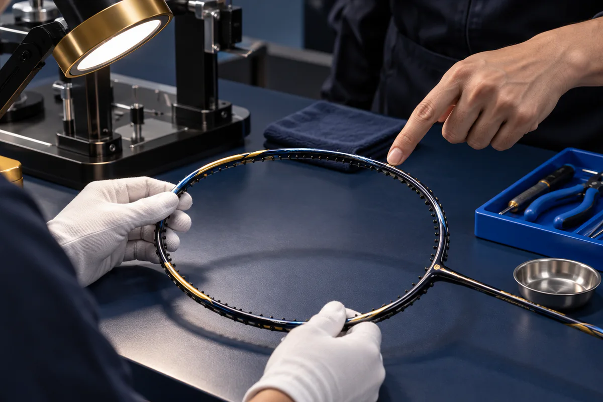 Fictional learner and trainer inspecting a badminton racket frame under gold lamp