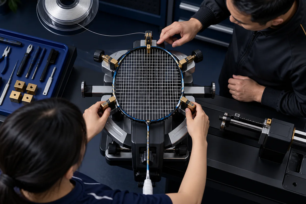Overhead fictional learner mounting racket evenly on six-point machine