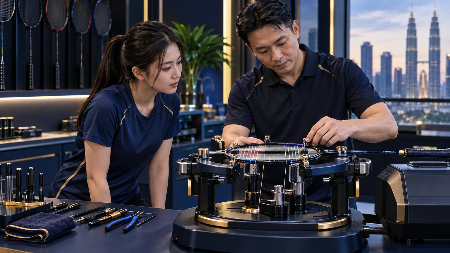 Professional badminton stringing training built around a safe, repeatable service process
