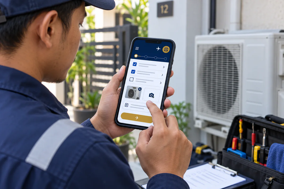 Juruteknik menggunakan senarai PWA mudah alih boleh diakses di sebelah peralatan penyaman udara