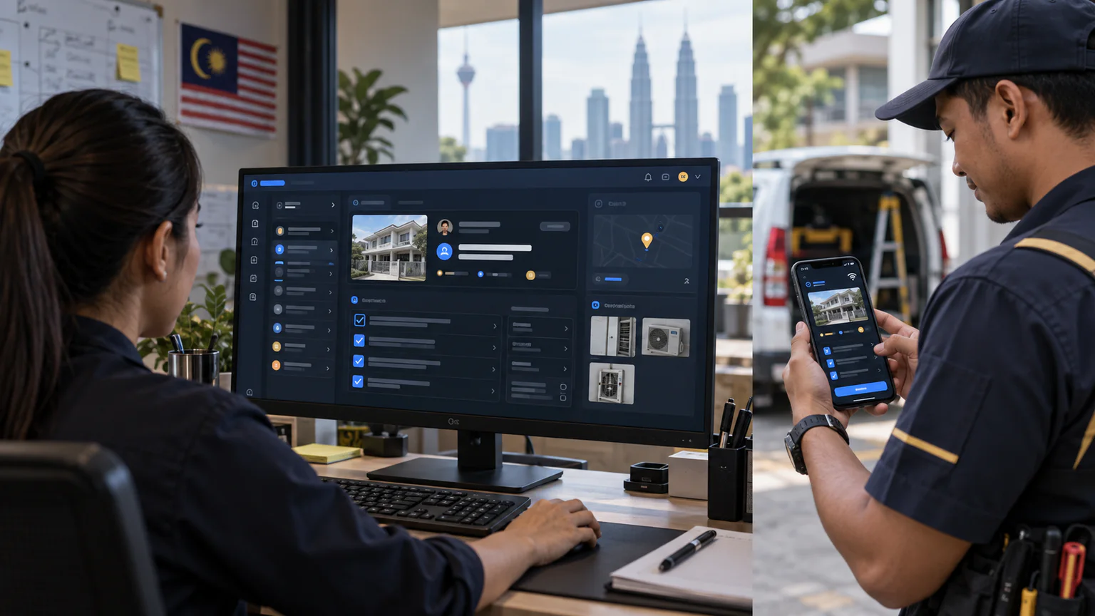 Penyelaras dan juruteknik perkhidmatan lapangan Asia Tenggara menggunakan satu aplikasi web responsif pada komputer dan telefon untuk pengambilan tugas, kerja luar talian dan semakan
