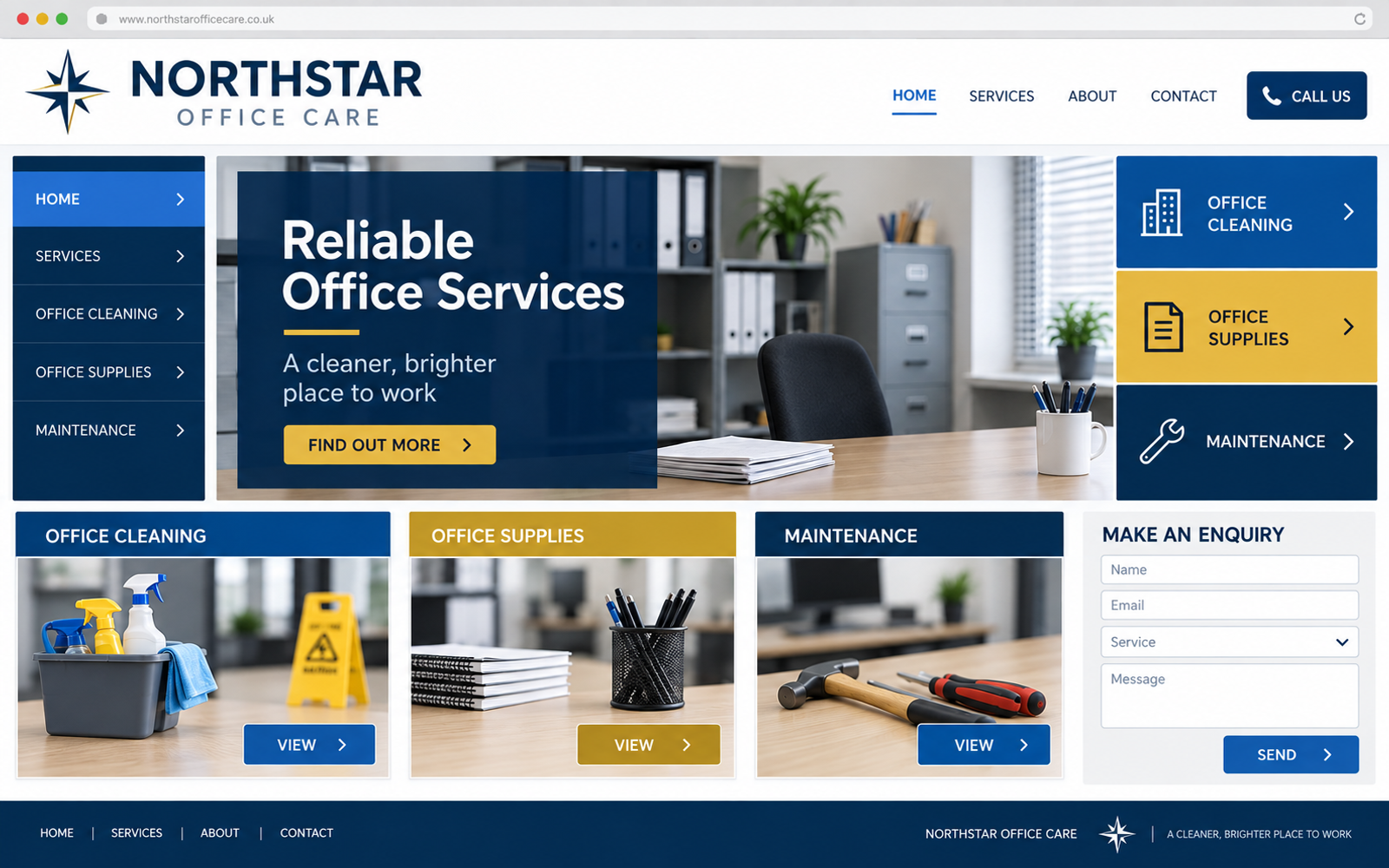 Laman Northstar Office Care rekaan yang sama dengan reka bentuk semula biru tua, biru dan emas