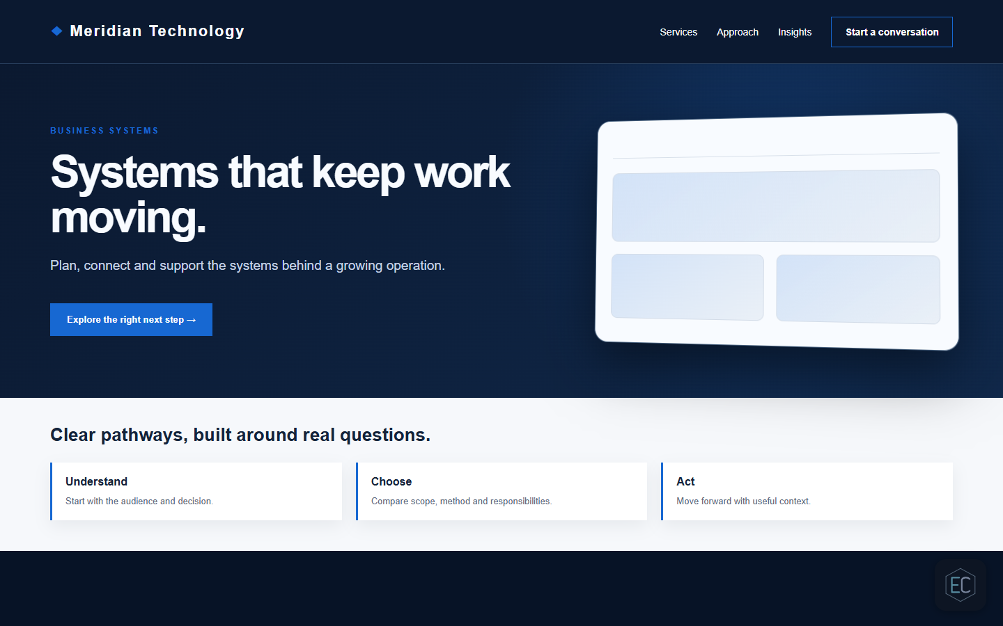 Konsep desktop Meridian Technology dengan laman sistem biru gelap, panel antara muka dan tindakan jelas