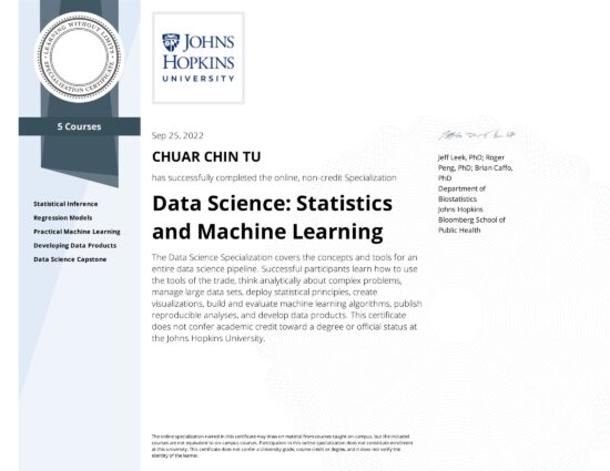 认证数据科学统计和机器学习Eric Chuar专业开发人员新加坡