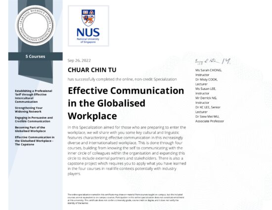 Certified Effective Communication in the Globalised Workplace Specialization Eric Chuar Singapore