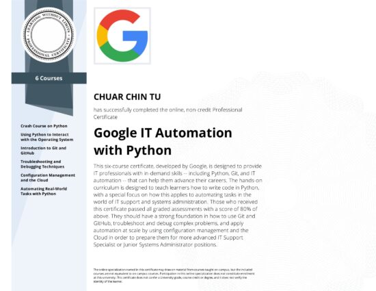 Certified Google IT Automation with Python Eric Chuar Professioanl Programmer Singapore