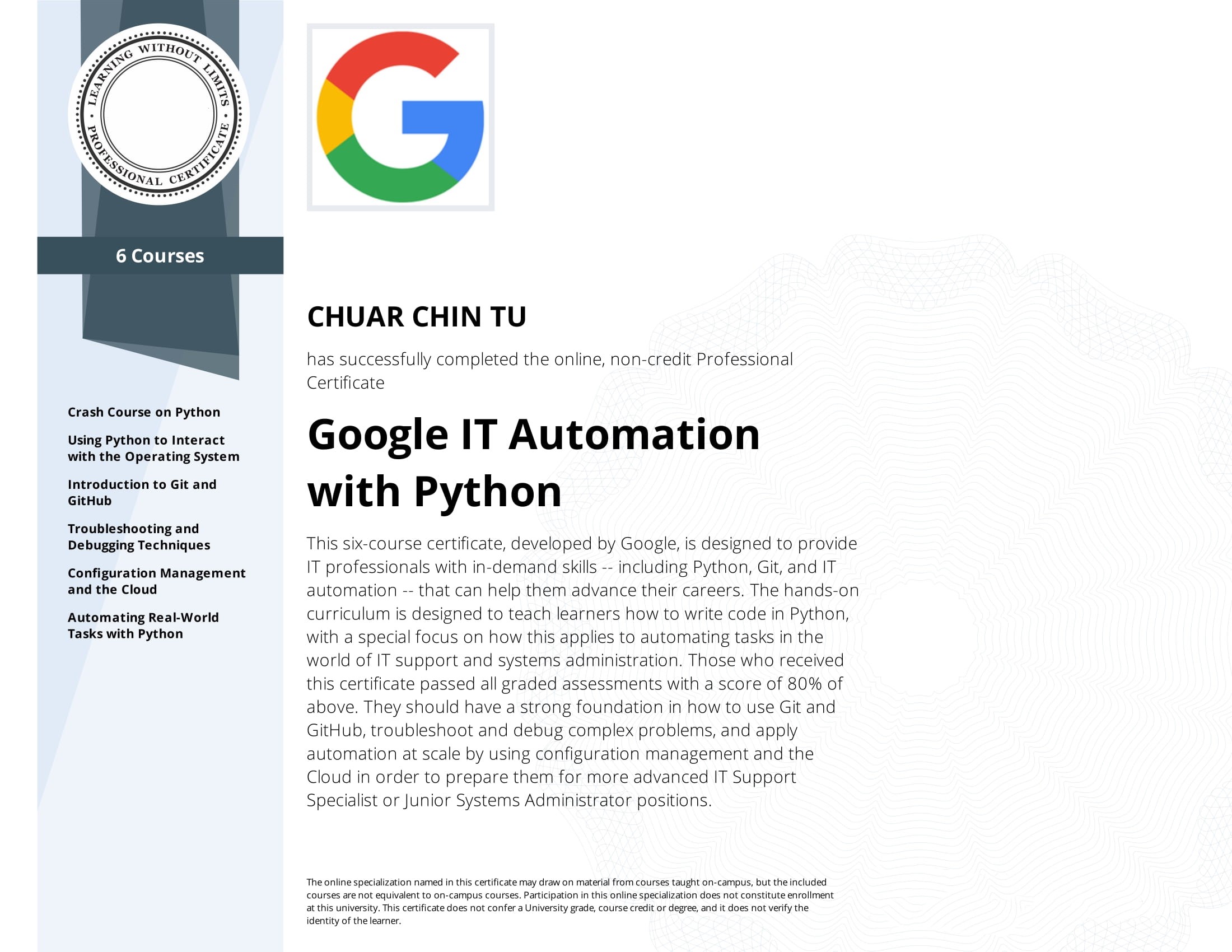 谷歌IT自动化与Python认证 埃里克-楚尔教授新加坡程序员