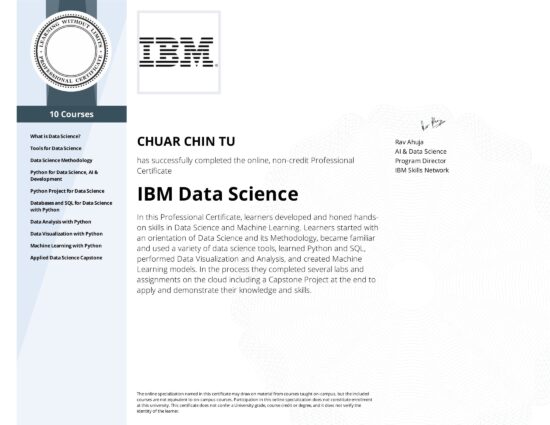 Certified IBM Data Science Professional Programmer Eric Chuar Singapore