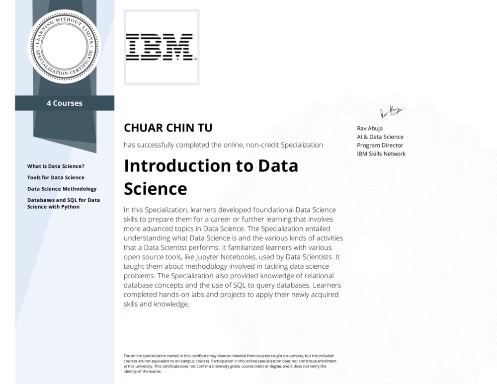 Certified Introduction to Data Science Eric Chuar Professional Programmer Singapore