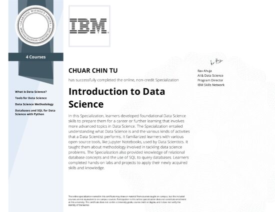 Certified Introduction to Data Science Eric Chuar Professional Programmer Singapore